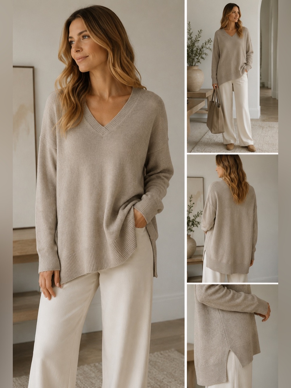 Tahari Taupe Beige V Neck Tunic Sweater M Quiet Luxury Minimalist Capsule Cozy
